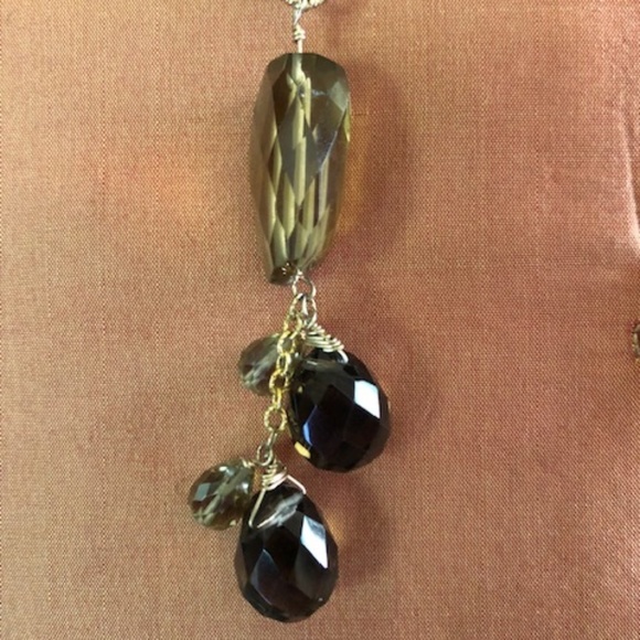 Sophia & Chloe Brown Velvet Gold/Smoky Topaz & Olive Quartz Drop Necklace - Picture 2 of 4